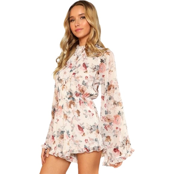 ROMWE Pants - Romwe Floral Chiffon Ruffle Long Bell Sleeve High Neck Open Back Loose Romper XS